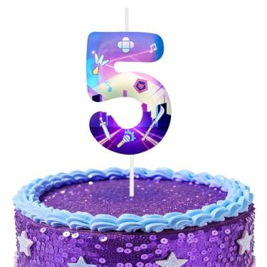 Imagem de Velas roxas de aniversário número 5, topos de bolo com tema de desenho animado para decoração de bolo para meninos e meninas, decorações de aniversário, suprimentos de festa, velas numéricas para