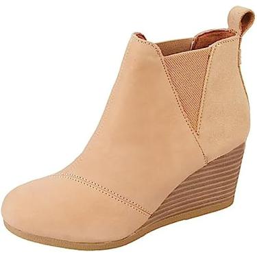 Imagem de Botas femininas de cano curto sem cadarço e salto anabela, botas de inverno confortáveis para uso ao ar livre, Cáqui, 6.5