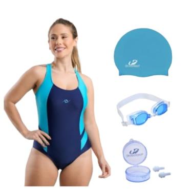 Imagem de Kit Maiô Natação Hidroginástica Touca Silicone Óculos Uv E Protetor De Ouvido (Marinho/Azul - Óculos Azul, P)
