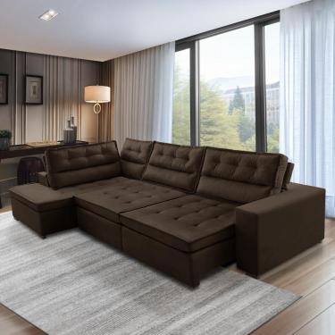 Imagem de Sofá de Canto Retrátil e Reclinável com Molas 3,40x2,00 Esq Virginia Suede Marrom Adonai Estofados