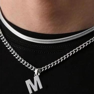 Imagem de Coleção de 26 colares com pingente de alfabeto em camadas, design de corrente dupla (cobra e elos cubanos), joias urbanas hip hop para uso diário e casual, One Size, Aço inoxidável, Sem Pedra Preciosa