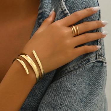 Imagem de Pulseiras femininas banhadas a ouro 14 quilates, pulseira larga empilhável larga aberta e ajustável com gota d'água e anel de presente, 6*3.6,2*1.5cm, Metal, Sem Pedra Preciosa