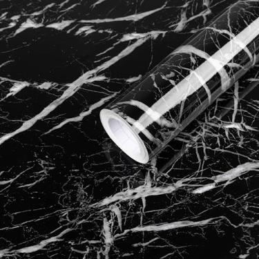 Imagem de Abyssaly Papel de contato de mármore granito brilhante preto para descascar e colar 89,9 cm x 299,7 cm