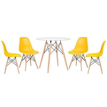 Imagem de Loft7, Kit - Mesa redonda Eames 80 cm branco + 4 cadeiras Eiffel Dsw Amarelo