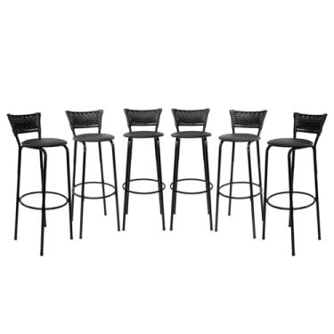 Imagem de Kit 6 Banquetas Altas 80cm Estrutura Preta Encosto Junco Preto Ideal Bancada Cozinha Americana Bares Balcão Ilha Área Gourmet Piscina Itagold (Assento Preto)