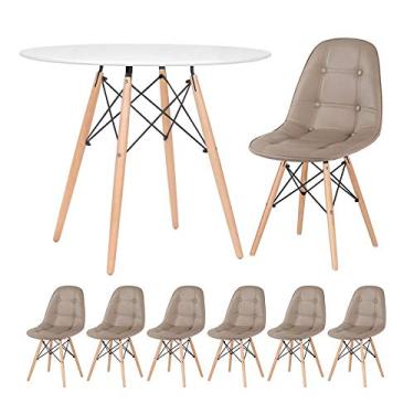 Imagem de Loft7, Kit - Mesa Eames 90 cm branco + 6 cadeiras estofadas Eiffel Botonê nude