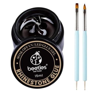 Imagem de Beetles Cola de strass para unhas com 2 canetas de pincel de dupla finalidade, 1 peça de cola de unha de 15 ml para arte de unhas, adesiva, resina, diamantes, joias, decoração, lâmpada de LED de