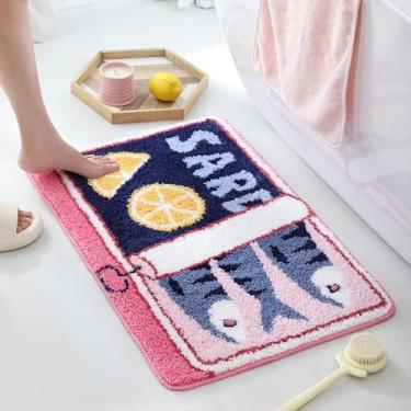 Imagem de TRUEDAYS Tapete de banho de lata de sardinha, tapetes de banheiro azul e rosa para quarto, tapete lavável macio antiderrapante fofo tapetes de banheiro para banheiro desenhos animados engraçados peixe