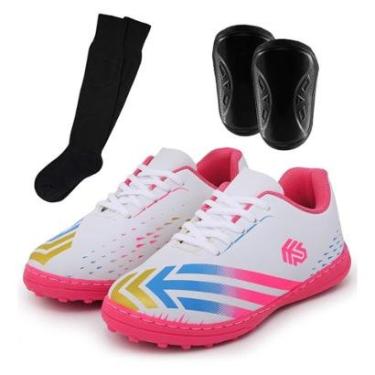 Imagem de Kit Chuteira Society Feminino Infantil Juvenil Grama Sintética com Cravos + Caneleira e Meião-Feminino