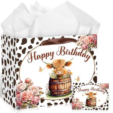 Imagem de Bolsa grande de presente de aniversário de vaca Highland com alças de papel de seda e cartão, sacos de embrulho de fazenda marrom de vaca Highland Sacos de lembrancinha de festa de vaca para chá de