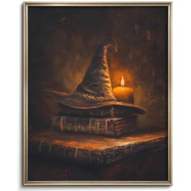 Imagem de Chapéu de bruxa retrô de Halloween com arte de parede de livro mágico: chapéu de bruxa sombrio e livro antigo, pôster em tela de terror adequado para decorações de parede de Halloween estilo acadêmico