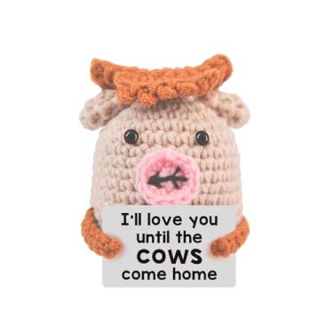 Imagem de Adorável vaca de crochê positiva – Acompanhante de apoio emocional positivo de 7,5 cm com cartão motivacional, decoração de mesa divertida para escritório/casa, presente para amigos/colegas