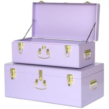 Imagem de Vixdonos Baú de armazenamento decorativo grande caixa de metal conjunto de 2 organizadores de dormitório universitário com ferrolho e alça para decoração de casa, 50 x 36 x 24 cm