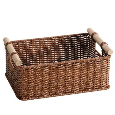 Imagem de Cesta de vime para organização doméstica, cor nogueira, espaçosa, alças de madeira, feita à mão, para cozinha, quarto e sala de estar