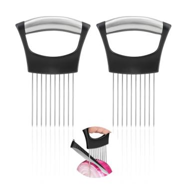 Imagem de 2 peças de suporte de cebola para fatiar, suporte de fatiador de cebola de aço inoxidável atualizado com alça ergonômica, cortador de tomate, ferramenta de fatiar vegetais, amaciador de carne, gadget