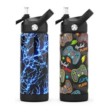 Imagem de Garrafa de água para meninos com canudo, copos com isolamento de 510 g de aço inoxidável à prova de vazamento para escola, esporte e viagem (pacote com 2, Lightning + jogo)