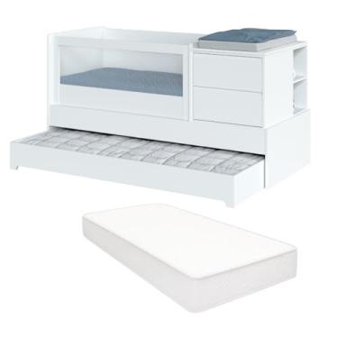 Imagem de Berço Multifuncional com Cômoda Acoplada e Cama Auxiliar Colchão Padrão Americano Sol e Mar Transformável em Cama de Solteiro e Escrivaninha MDF e Laca UV Divicar (Branco)