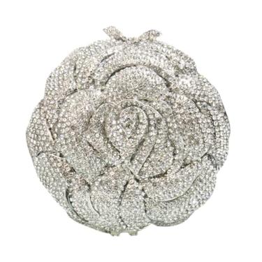 Imagem de DKQXEIM Bolsa feminina de luxo com strass para noite com strass e cristal rosa, bolsa floral para formatura e coquetéis, Prata