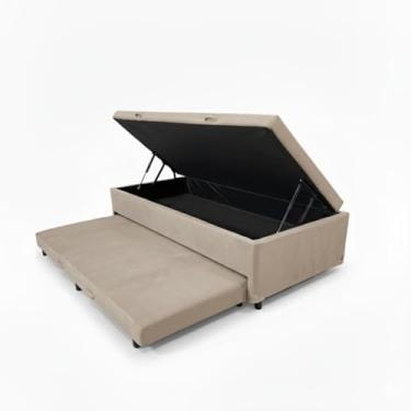 Imagem de Cama Box Baú Solteiro com Auxiliar Conjugada | Blindada | Pistão a Gás | Suporta Até 200kg | (188x88x42) (Suede Bege)