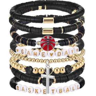 Imagem de Landical 8 pulseiras de basquete para o dia do jogo, pulseiras elásticas com contas de argila Heishi, acessórios de basquete, mamãe, joias, presentes, Contas de disco de argila de polímero, metal