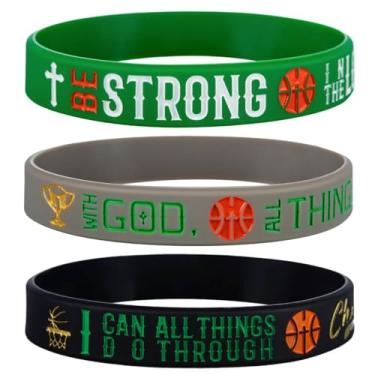 Imagem de Sainstone Pulseiras de silicone inspiradoras de basquete Power of Faith com frases cristãs MATTHEW 19:26, FILIPPIANS 4:13, EPHESIANS 6:10, presentes de festa esportiva para celtas, One Size, Silicone