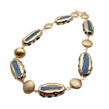 Imagem de OROAOBOMT Colar de 21 x 42 mm cianita azul multicolorida turmalina áspera 20 mm com contas de moedas escovadas