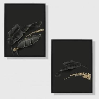 Imagem de Kit 2 Quadros Folhas Pretas 45X34Cm Com Vidro Moldura Preta - Quadros 