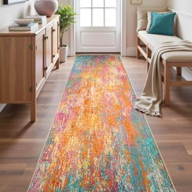 Imagem de RELEANY Tapetes laváveis de 6 x 25 cm, antiderrapante, moderno, abstrato, macio para sala de estar, entrada, quarto, berçário, padrão, laranja, azul, rosa, amarelo, colorido