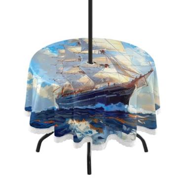 Imagem de Blueangle Toalha de mesa redonda grande à prova d'água de 152 cm com furo para guarda-chuva - Tecido resistente à prova de sol para todos os climas para pátio, acampamento, piquenique(565)