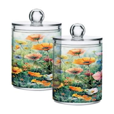 Imagem de ATTX Dispensador de suporte Qtip para pintura de flores coloridas para bola de algodão, cotonete, frasco de boticário transparente, decoração de casa, pote de armazenamento de cozinha, pacote com 2