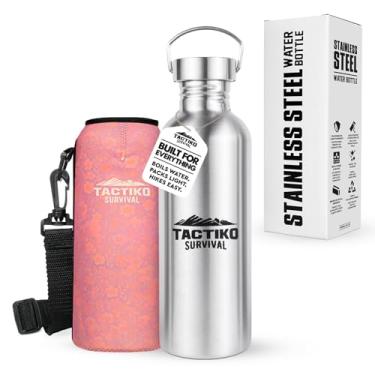 Imagem de Tactiko Survival Garrafa de água de boca larga de aço inoxidável, segura para ferver de parede única, à prova de vazamento, livre de BPA com manga de transporte e alça para acampamento, caminhada