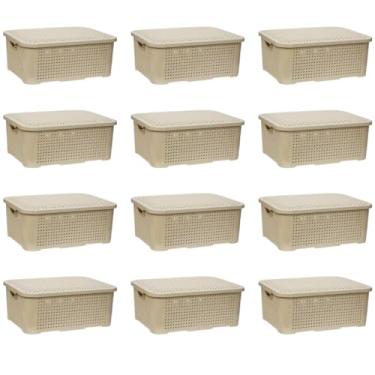 Imagem de Kit Com 12 Caixas Organizadoras Media Rattan Com Tampa 10 Litros (CAPUCCINO)