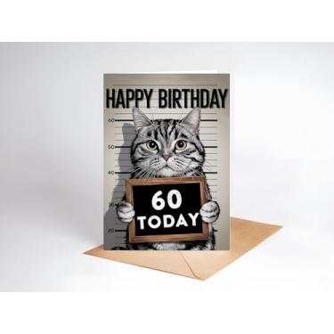Imagem de Cartão de aniversário de gato 60 anos - Cartão exclusivo de aniversário 60 anos para amigos e familiares - presente para gatos amantes - Cartões engraçados com tema de crime de gato