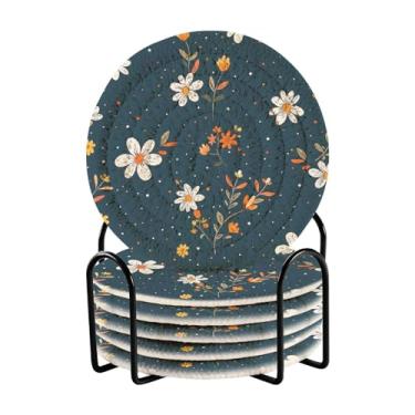 Imagem de Qilmy Conjunto de 6 peças para copos de flores de margaridas bonitas ou porta-copos de bar para bebidas, porta-copos de fazenda ou porta-copos de mesa rústicos, porta-copos modernos de algodão para o