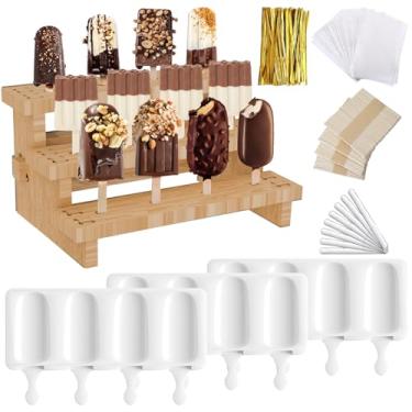 Imagem de intonly Conjunto de 3 moldes de bolo com suportes, moldes de picolé, silicone para bolos, moldes de sorvete com 100 sacos de embrulho, 100 palitos de madeira descartáveis, 12 palitos de acrílico