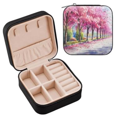 Imagem de YETTASBIN Caixa de joias de cerejeira para adolescentes, meninas, mulheres, presente de aniversário, Natal, caixa de armazenamento portátil de couro PU, mini estojo de joias de viagem para colar