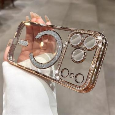 Imagem de Capa transparente magnética com moldura de diamante e glitter para iPhone 17 Air 16 15 14 Plus 13 Pro Max, à prova de choque e resistente a impactos (para iPhone 13 Pro Max/Dourado Deserto)