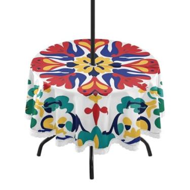 Imagem de CEBUGI Toalha de mesa redonda para uso ao ar livre, estampa tradicional mexicana, impermeável, com furo Umberlla, capa de mesa lavável para pátio, cozinha, sala de jantar, 152 cm