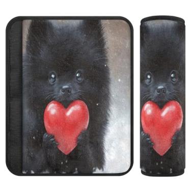 Imagem de Burbuja Capa para cinto de segurança de carro Valentine Black Dog Hold Heart Protetor de cinto de segurança de carro macio confortável para alça de ombro de assento de carro, 1 par pequeno