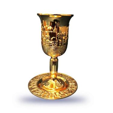 Imagem de Taça de Jerusalém Grande de Santa Ceia com Pires Importado - Dourada -