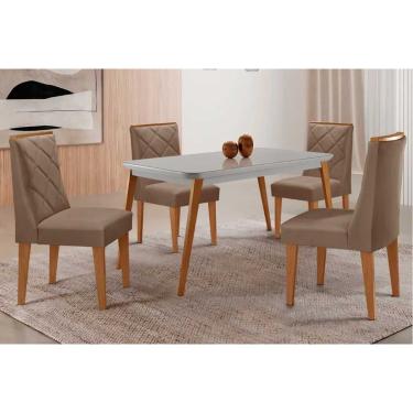 Imagem de Sala Jantar Mesa Havana Tampo c/ Vidro Curvo 120cm+4 Cadeiras Pietá Madeira Naturale/Off White - Capuccino/Suede Capuccino - Rufato