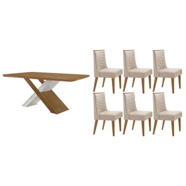 Imagem de Sala Jantar Mesa Imperatriz Tampo Curvo 180cm+6 Cadeiras Dafne Madeira Naturale/Off White - Capuccino/Suede Creme - Rufato