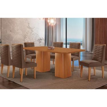 Imagem de Sala Jantar Mesa Maldivas Tampo Curvo 180cm+6 Cadeiras Dafne Madeira Naturale - Capuccino/Suede Marrom - Rufato
