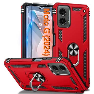 Imagem de Capa para Moto G-5G 2024 com 2 peças de protetor de tela HD, suporte de anel magnético com capa de celular resistente, capa protetora para Motorola Moto G 5G 2024, vermelha