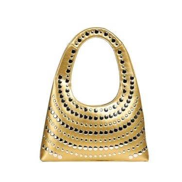 Imagem de Bolsa tiracolo feminina de couro rebite designer feminina fashion feminina bolsa carteiro, Dourado, One Size
