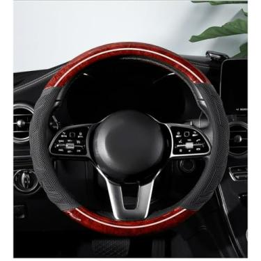 Imagem de Knonip Capa de volante couro de grão de madeira pêssego antiderrapante respirável absorvente de suor resistente ao desgaste 38 cm quatro estações protetor de roda de carro universal (vermelho, em