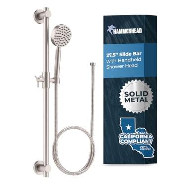 Imagem de HammerHead Showers Conjunto de barra deslizante de chuveiro de 60 cm e cabeça de chuveiro portátil com mangueira — níquel escovado — varinha de spray de baixo fluxo de 1,75 GPM — Ajuste facilmente a