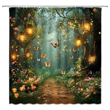 Imagem de Cortina de chuveiro Floresta Encantada País das Maravilhas Mágico Borboleta Jardim Lanterna Floral Caminho de Fadas Fantasia Cenário Natural Paisagem Decoração de Banheiro Cortinas de Poliéster com