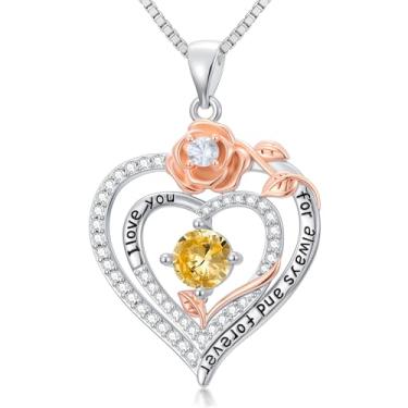 Imagem de WYDDO Colares de coração rosa para mulheres, mãe, pedra do mês de nascimento, pingente, aniversário, Natal, Dia dos Namorados, joias presentes para sua esposa, filha, mãe, One Size, Base, Pedra do mês