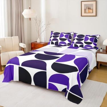 Imagem de Erosebridal Jogo de lençol King, roxo, geométrico, abstrato, geométrico, retrô, boêmio, para crianças, meninos, adolescentes, meninas, lençol de cima